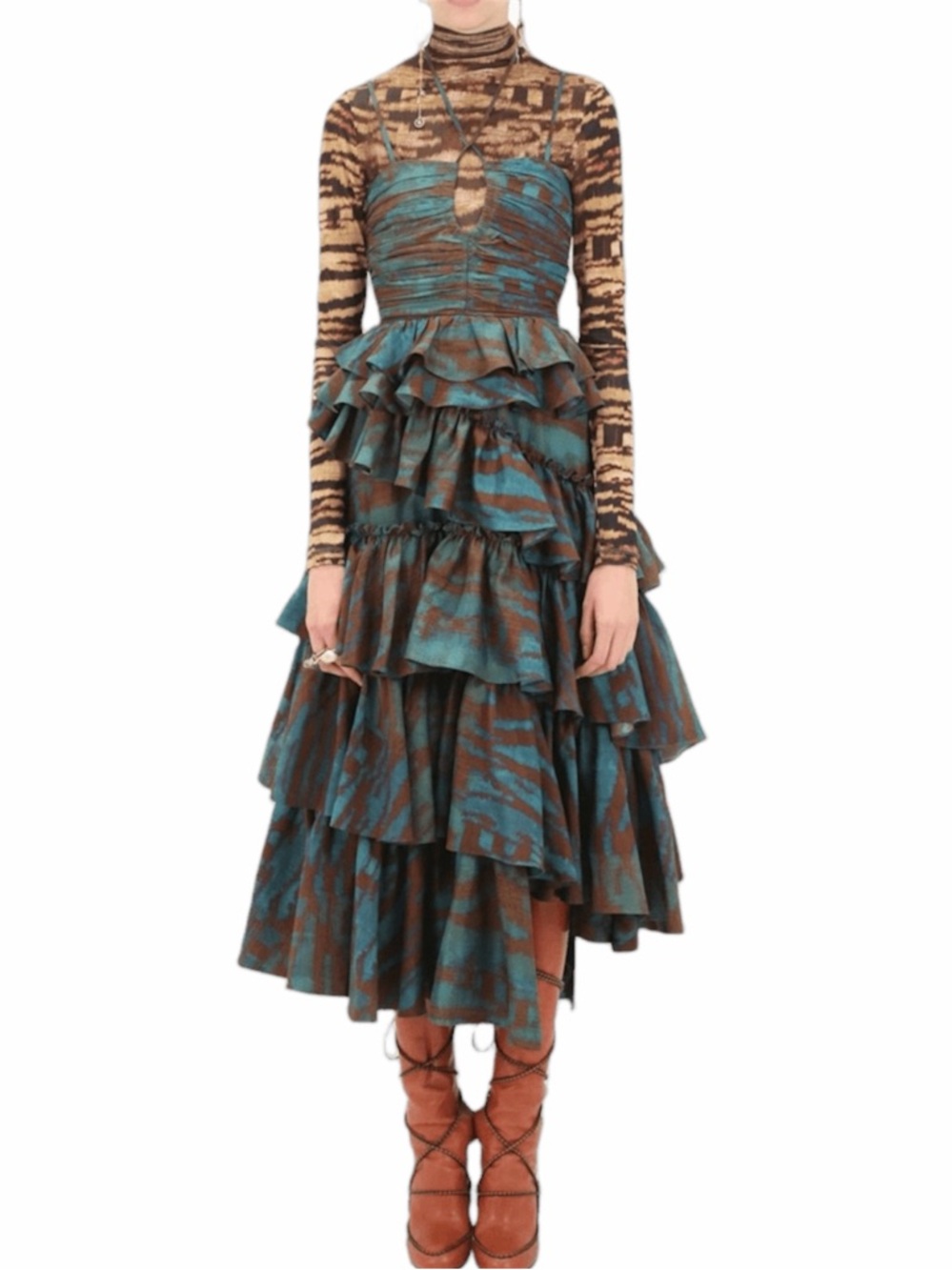 Ulla Johnson Zenat Runway Silk Ikat Tiered Halter Dress Emerald Size 6 - Picture 3 of 17